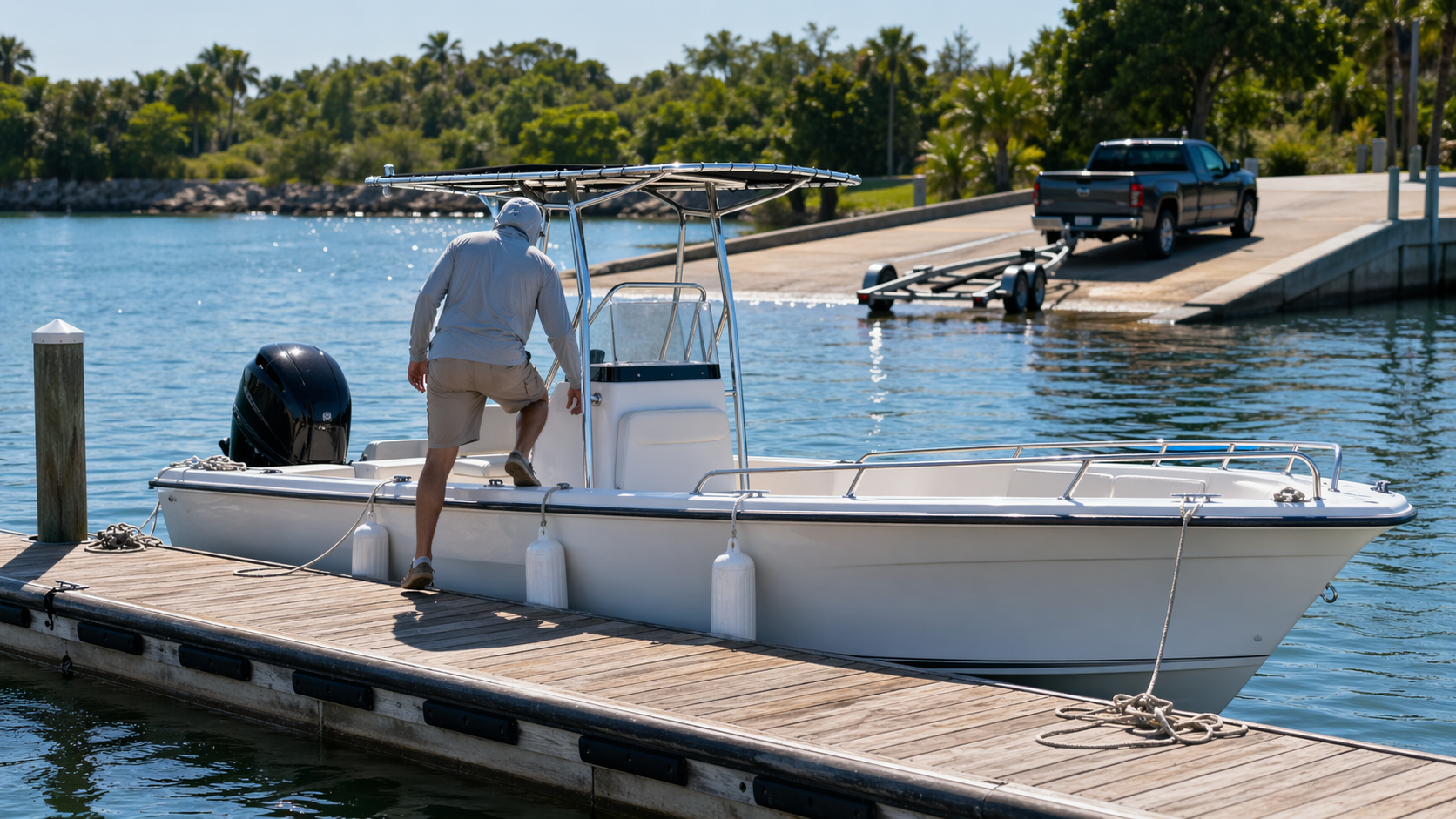 Small center console at a courtesy dock during quick passenger loading