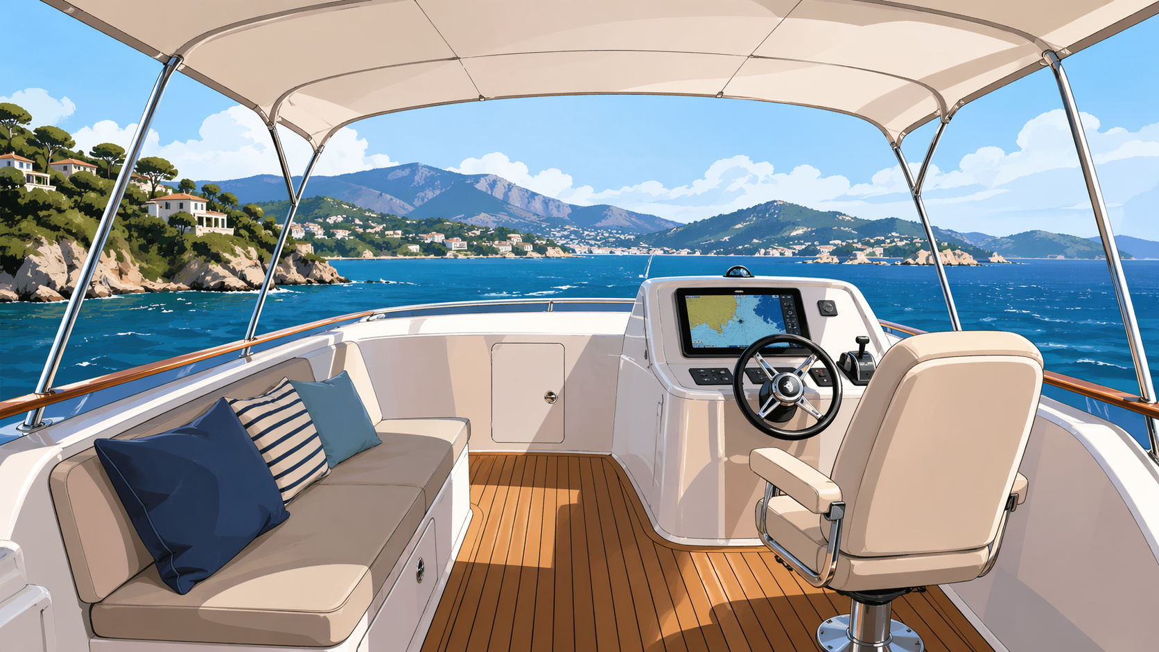 Carver C40 flybridge helm station with dual chartplotter, throttles, and wraparound seating