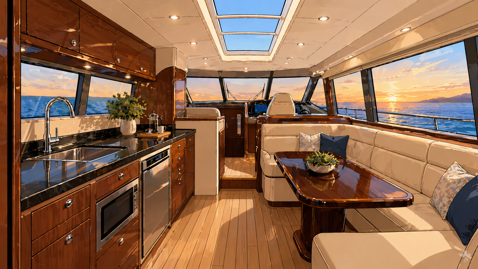 Open-plan main-deck salon interior with galley, dinette, and lower helm on a Carver C40