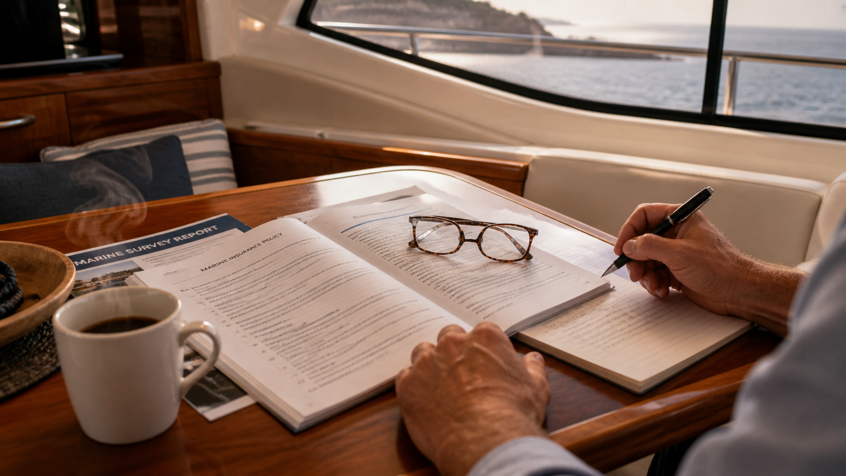 Boat owner reviewing marine insurance policy at salon table