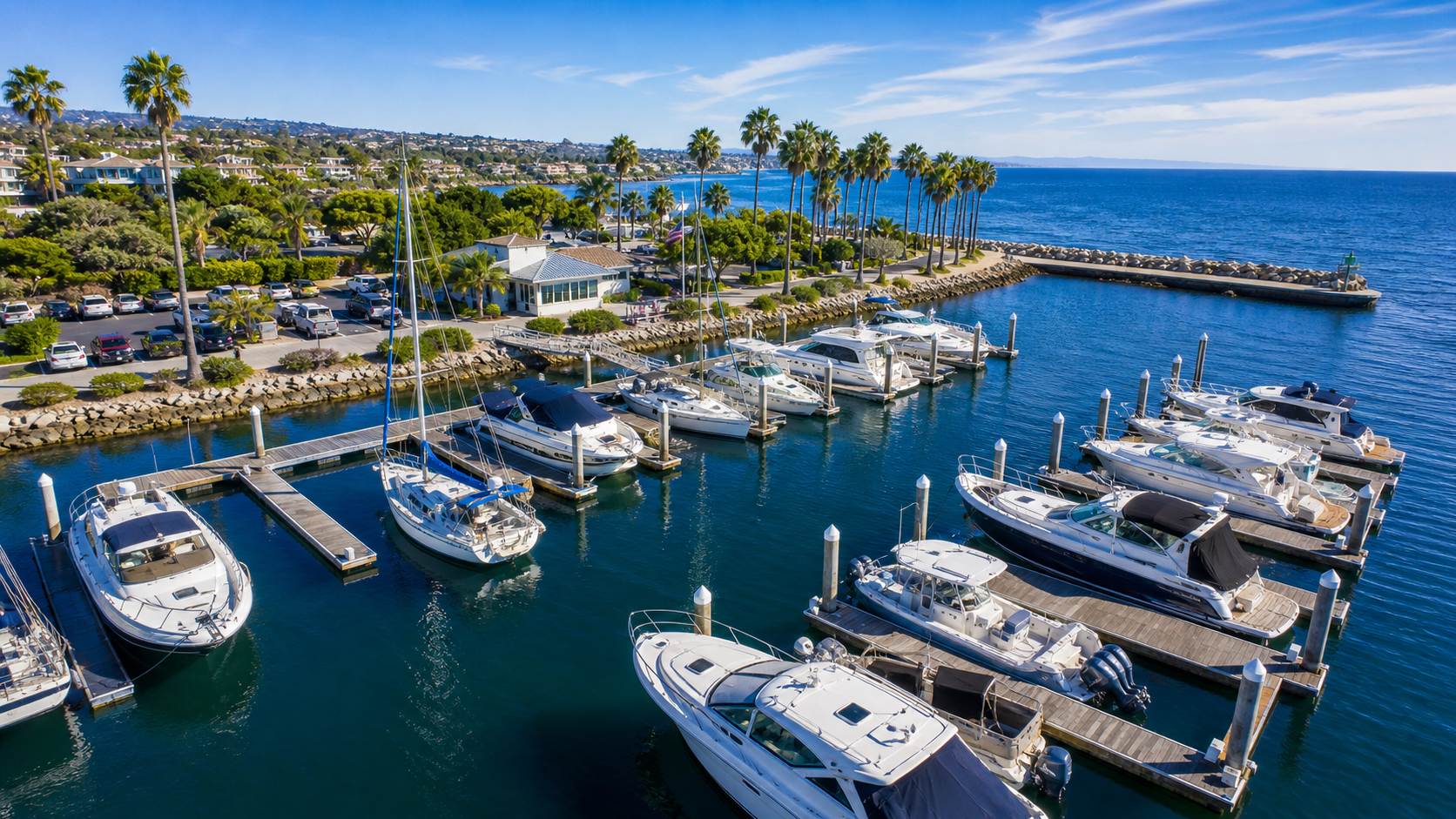 Aerial view of marina with insured vessels in slips
