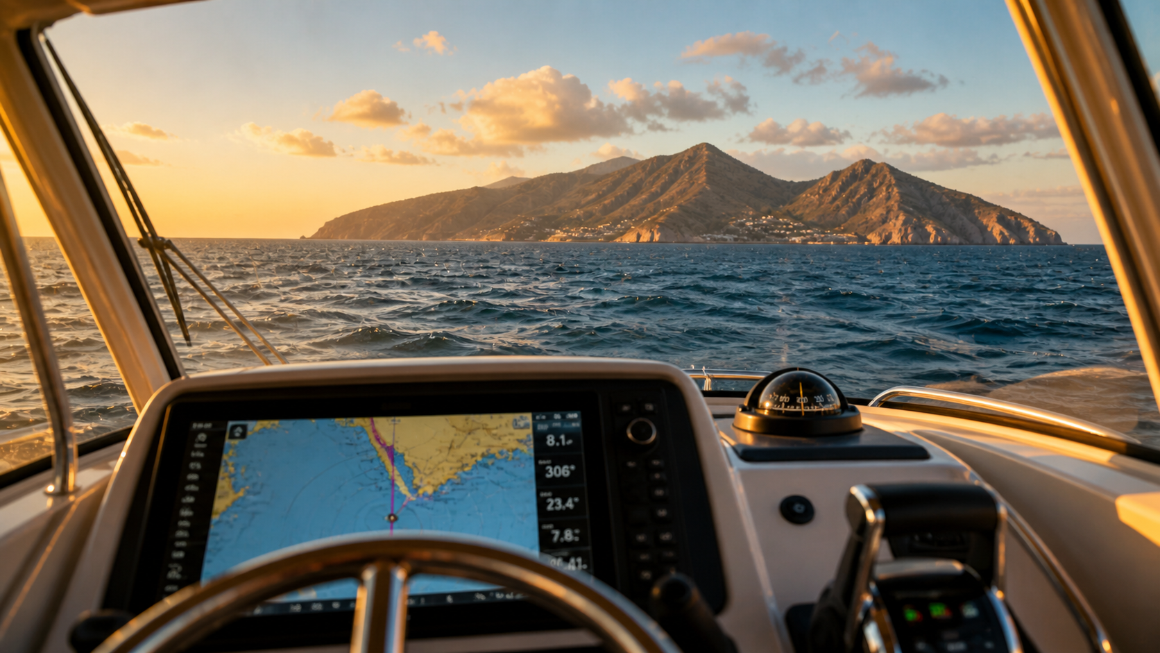 Helm view of boat heading toward Catalina Island at golden hour