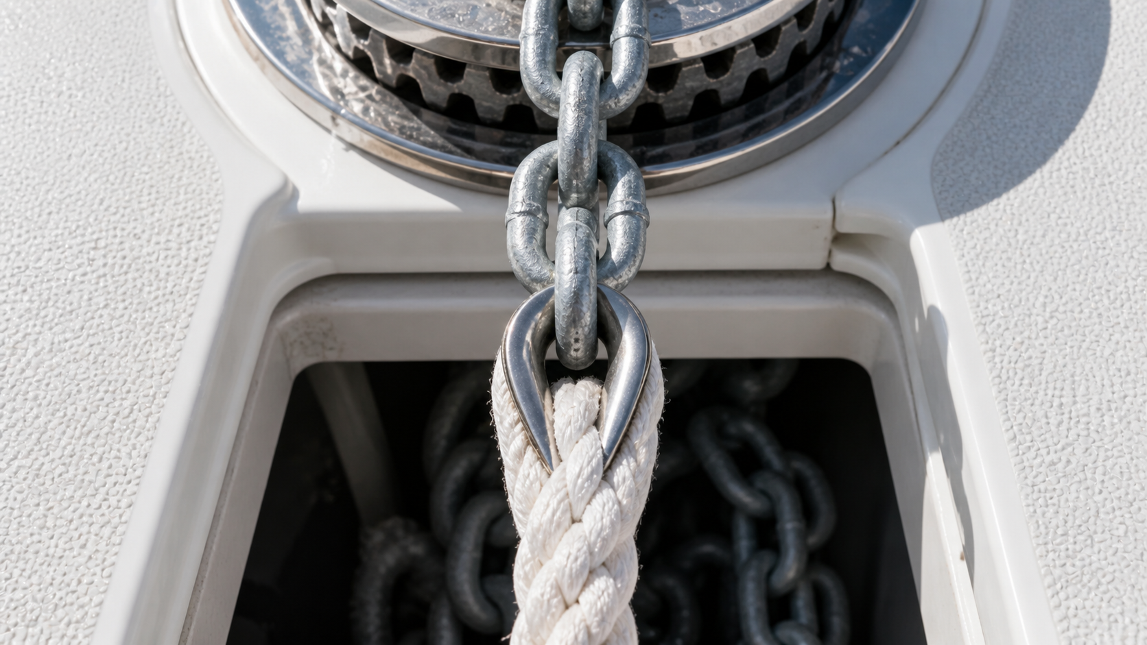 Anchor rode chain-to-rope splice with thimble and windlass