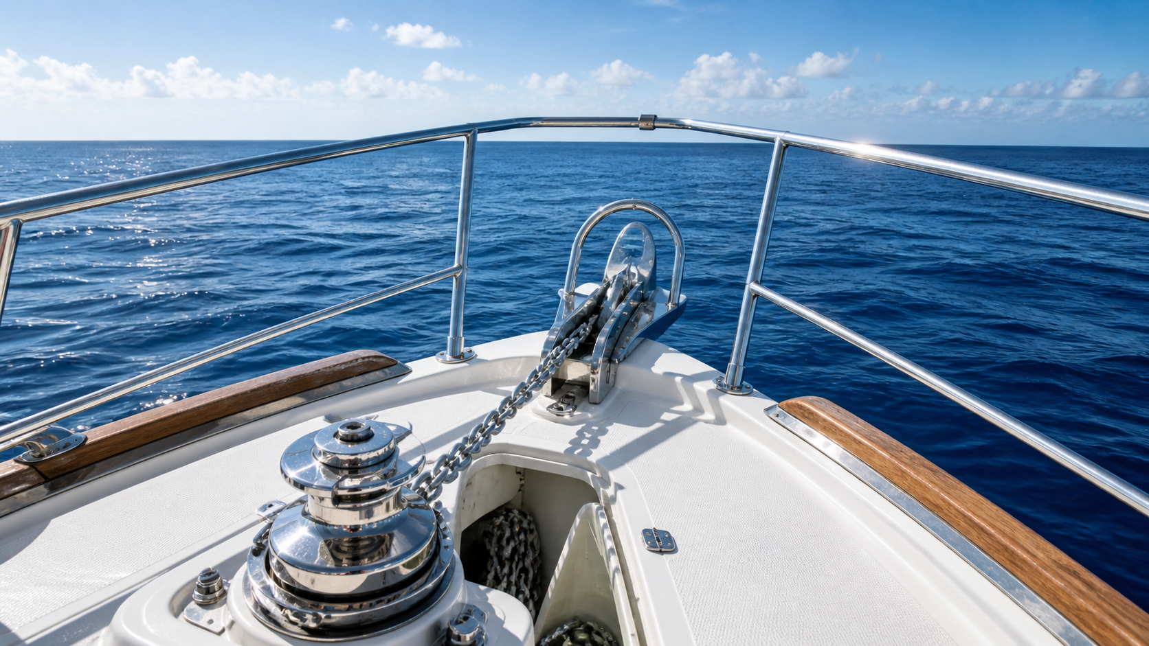Modern scoop-style anchor seated on bow roller, deck view