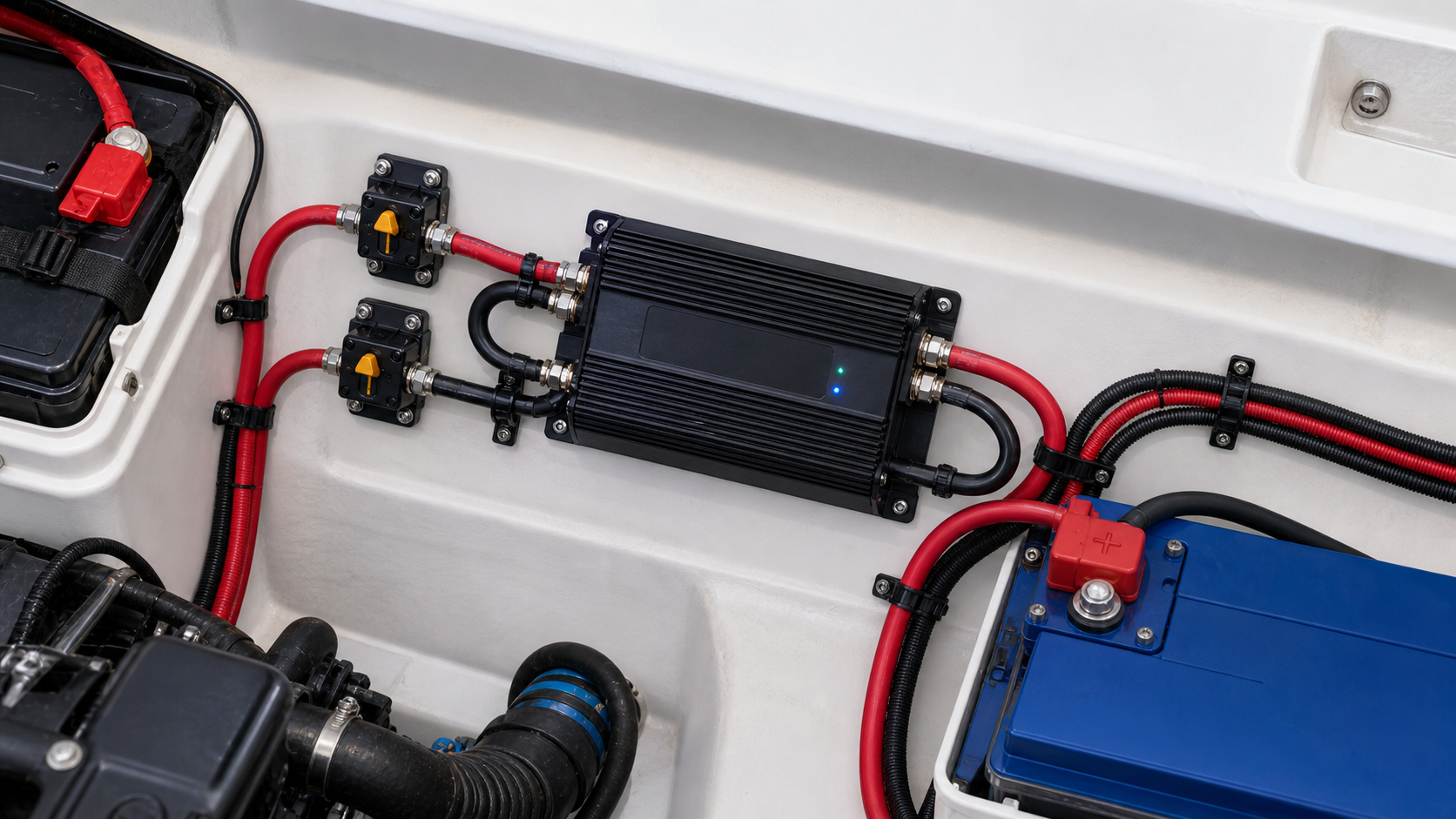 DC-DC charger installed in engine compartment with color-coded cables
