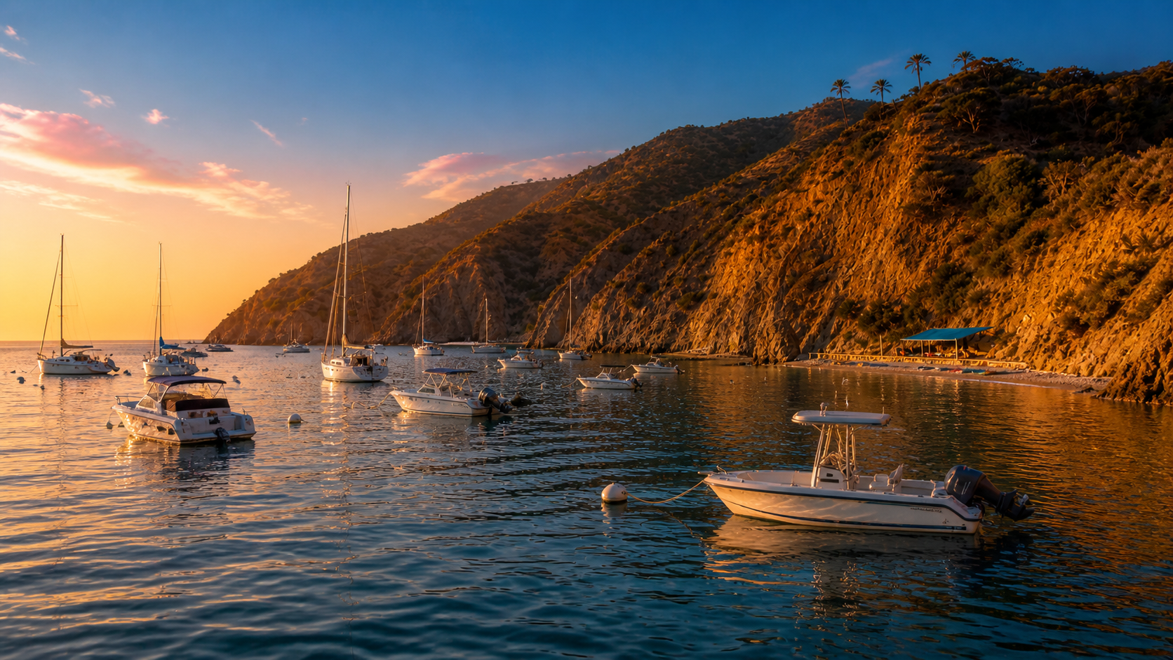 Catalina Island mooring field at golden hour with multiple boats anchored
