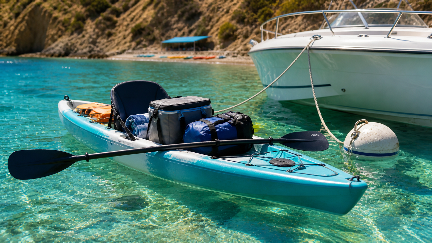 Sit-on-top kayak loaded with cooler bags and beach supplies at Catalina mooring