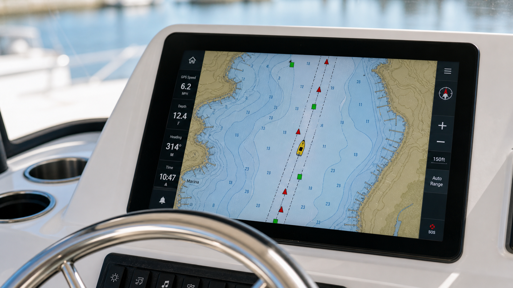 Chart plotter at the helm showing channel markers and a vessel navigating the channel