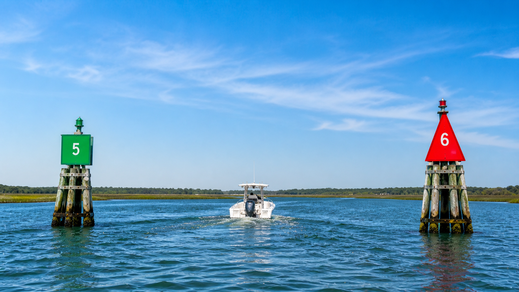 Red and green channel markers at a harbor entrance with a small powerboat heading inland