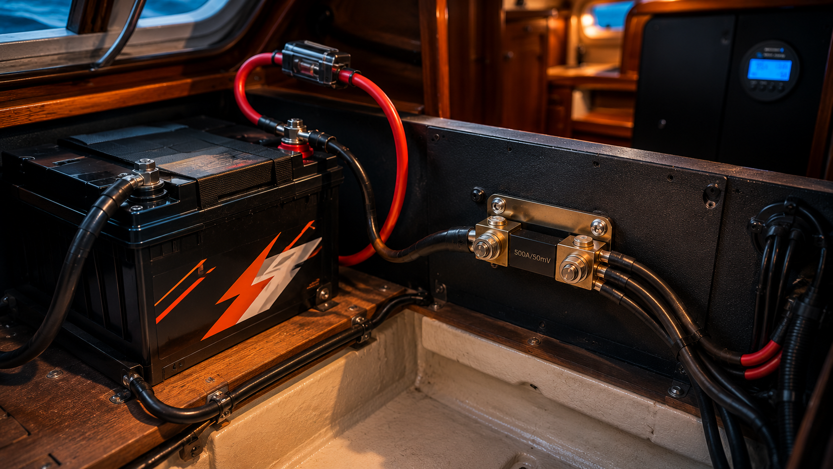 Victron 500A/50mV shunt wired between LiTime lithium battery and load cables