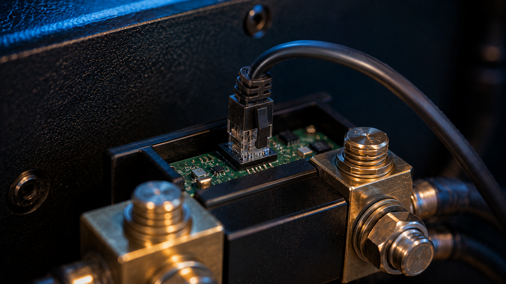 Green VE.Direct connector plugged into the BMV-712 Smart shunt port