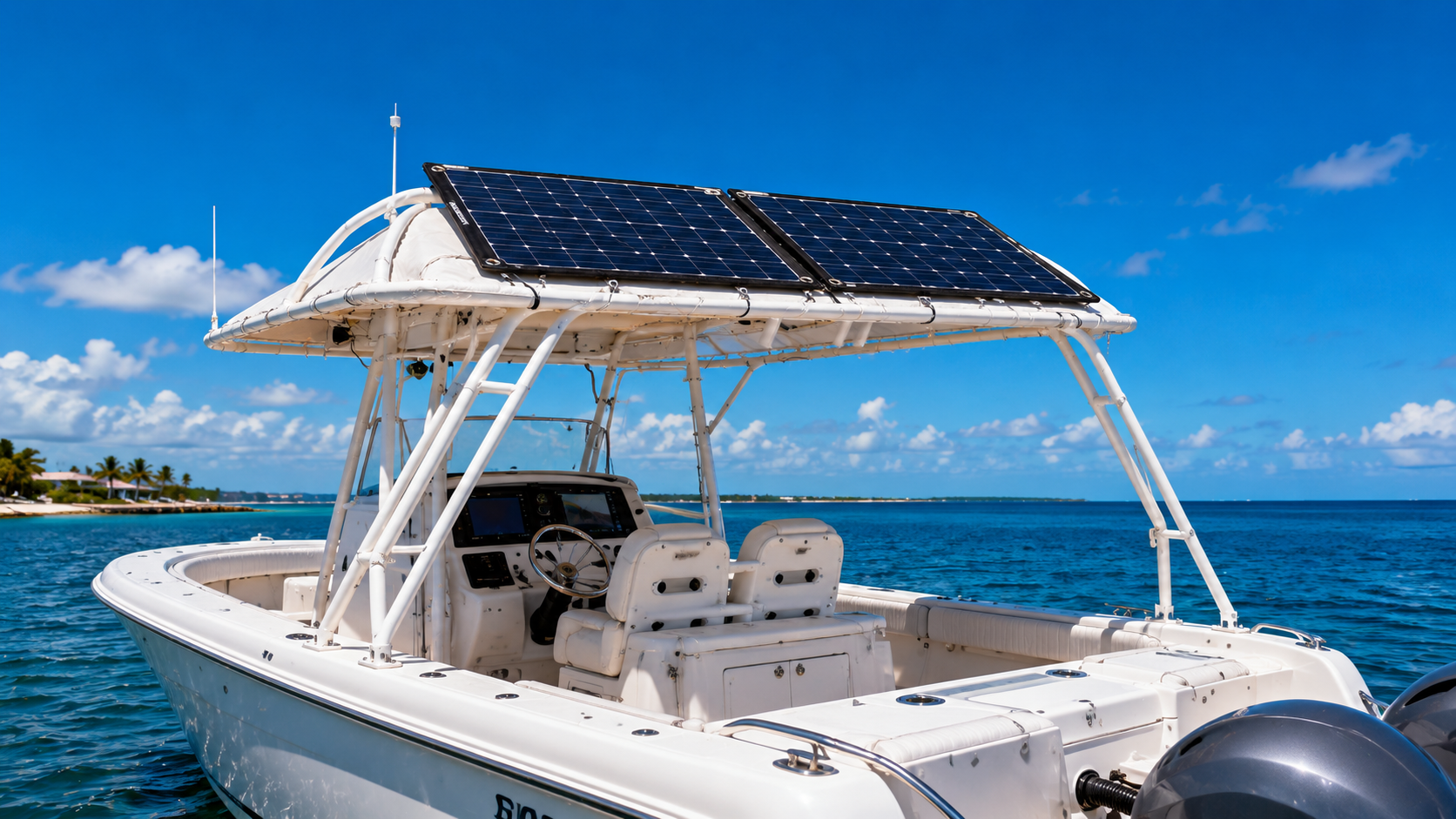 Wide three-quarter view of solar panels mounted on a white bimini frame over tropical water