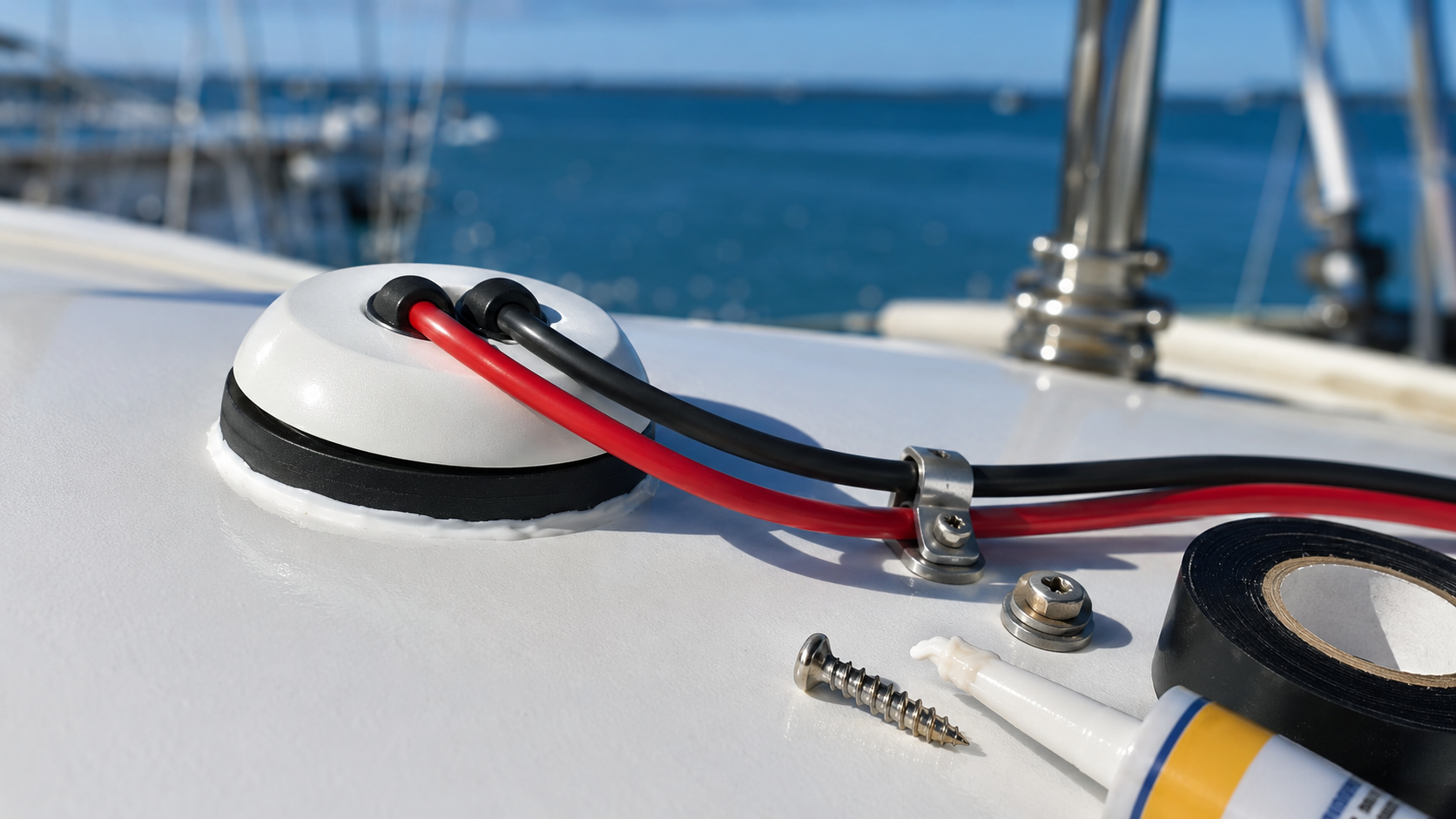 Macro detail of solar cables entering through a stainless steel marine cable gland