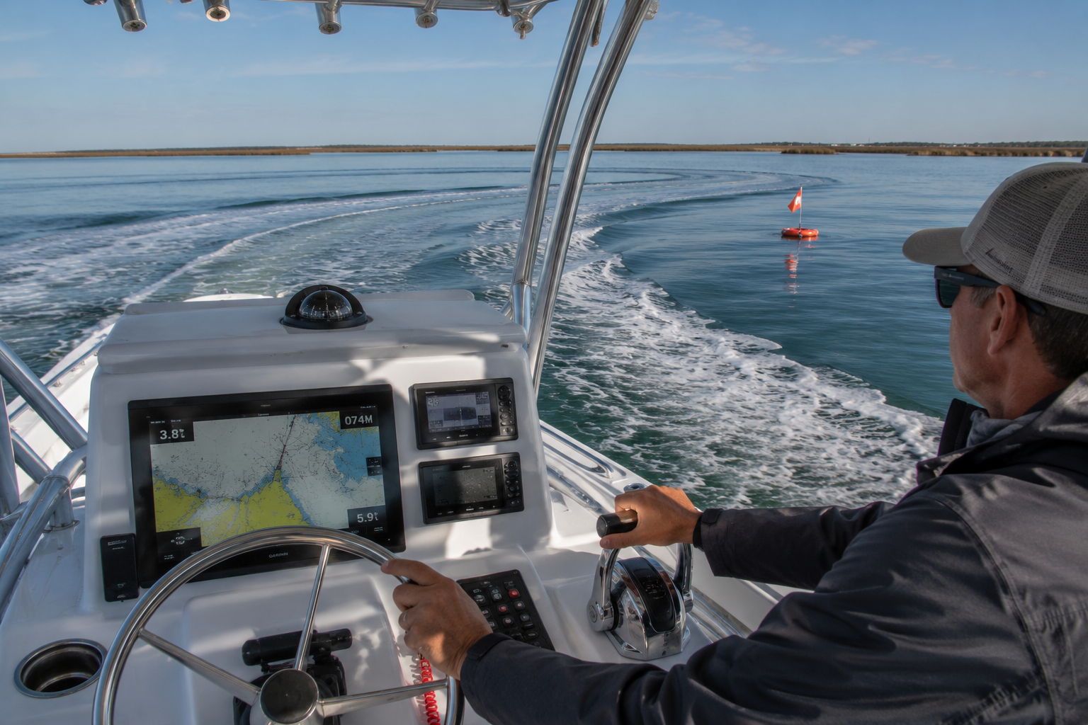 Captain at the helm turning toward a floating cushion during a MOB recovery