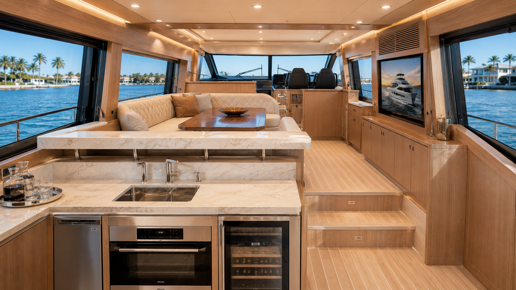 Sunseeker Manhattan 55 salon and U-shaped galley interior