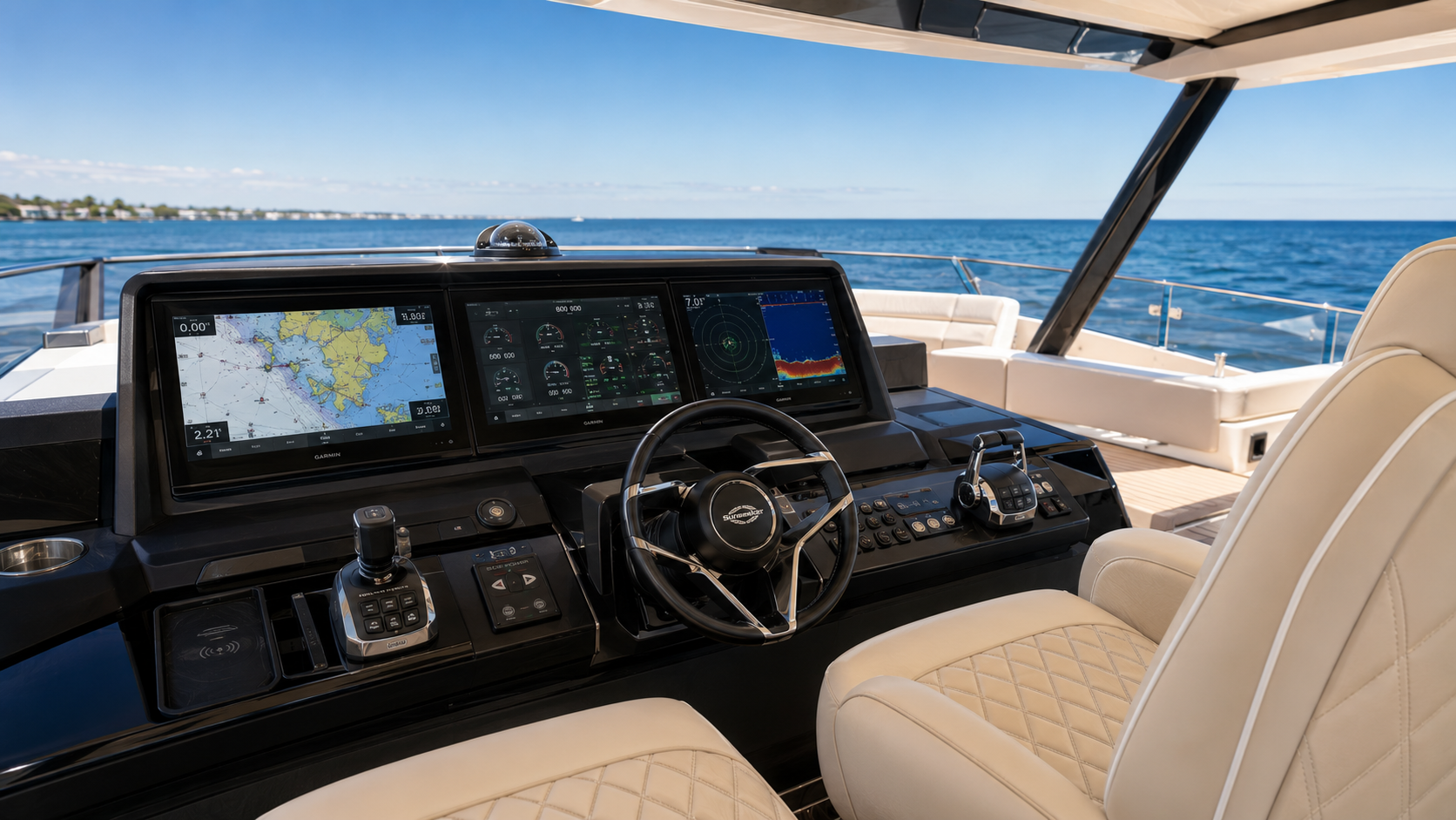 Sunseeker Manhattan 55 flybridge helm station with twin captain chairs and electronics