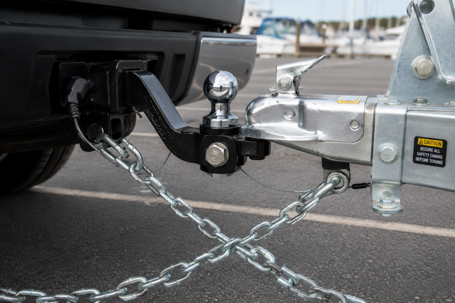 Close-up of a leveled trailer ball mount with hitch and wiring detail