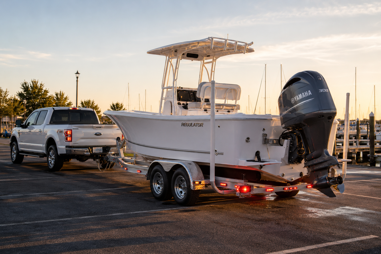 Pickup truck hooked up to a level boat trailer ready to launch