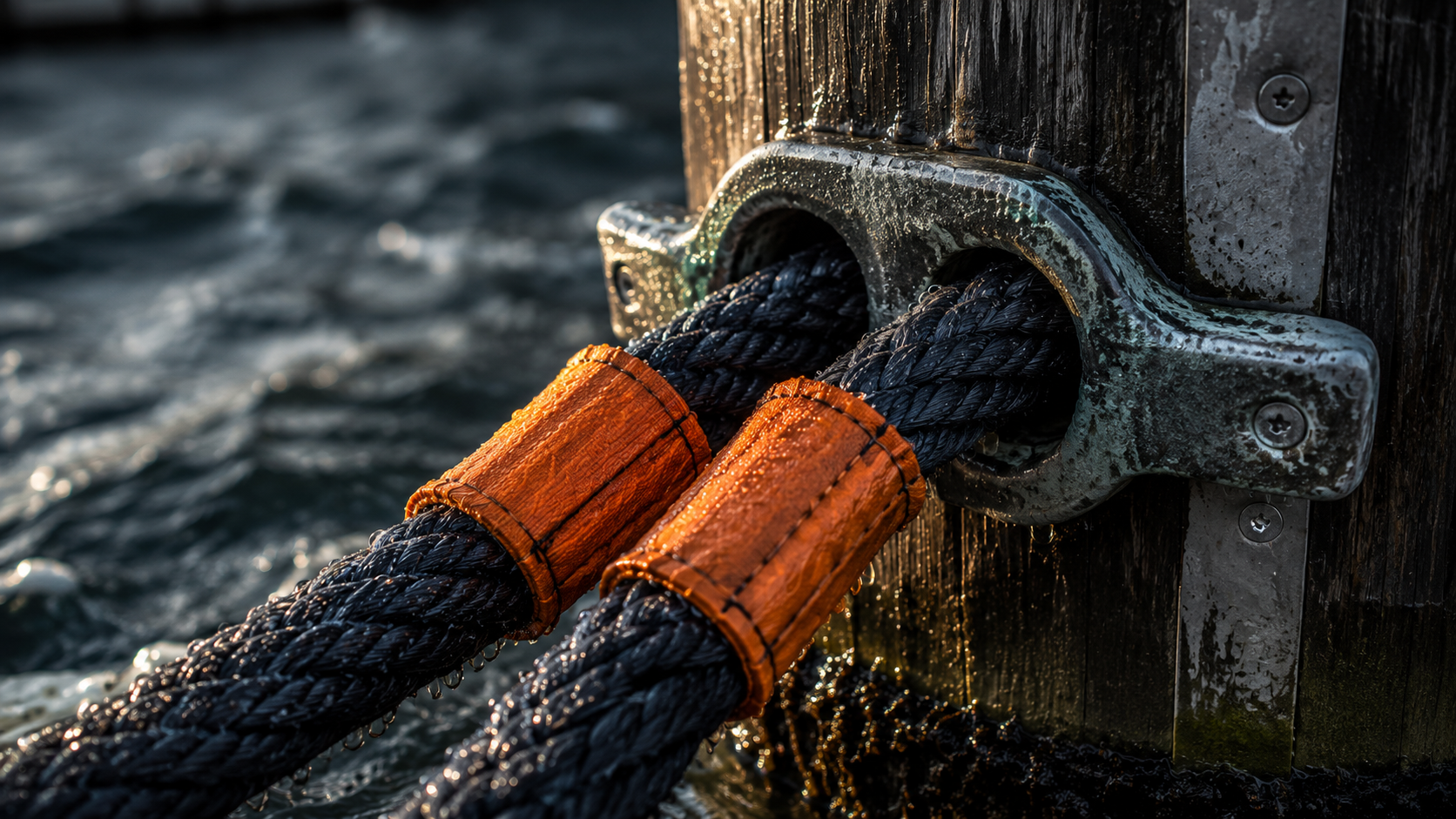 Heavy nylon dock lines doubled at a marina cleat with orange chafe guards