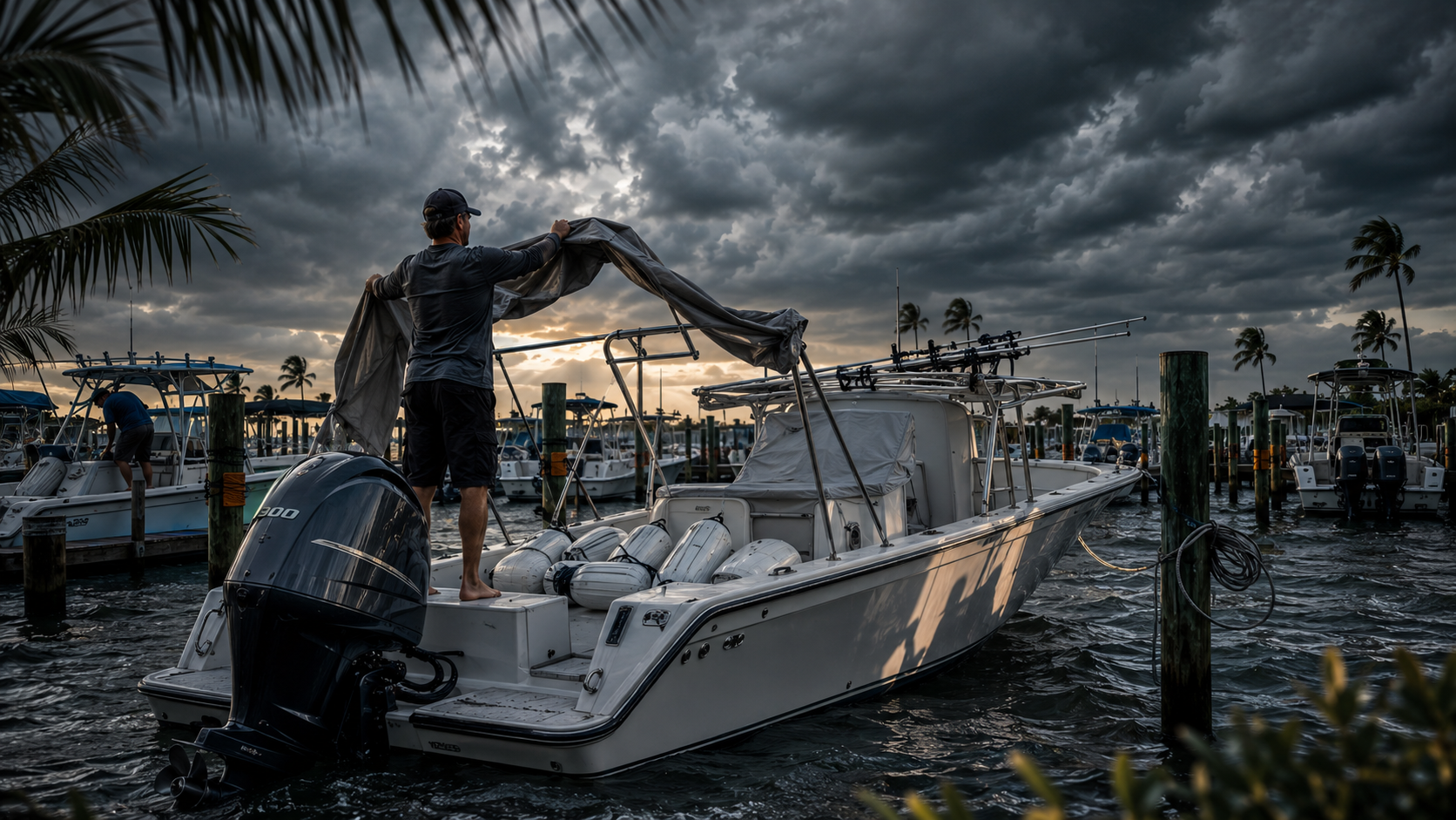 Boat owner removing the bimini canvas while stripping the boat before a storm