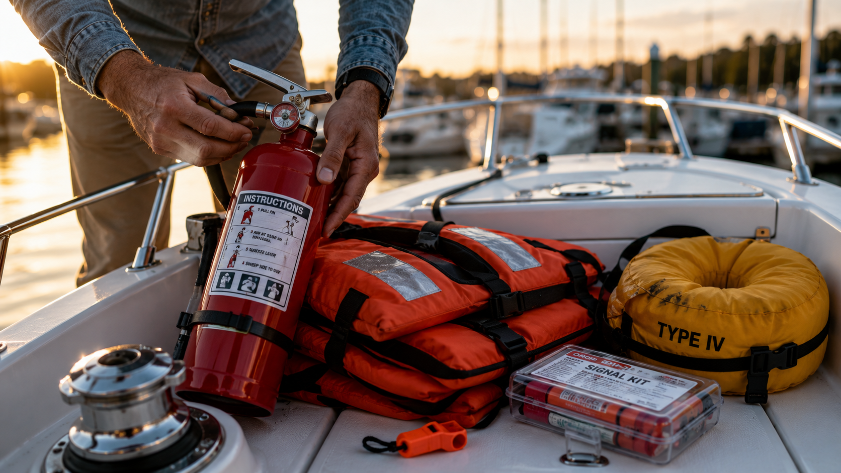 Captain checking fire extinguisher and life jackets on the bow at dawn