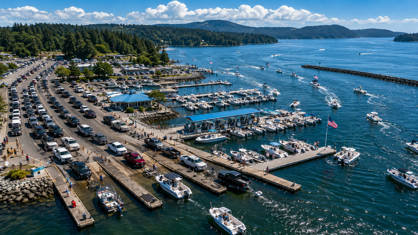Aerial view of a busy Memorial Day weekend marina and boat ramps