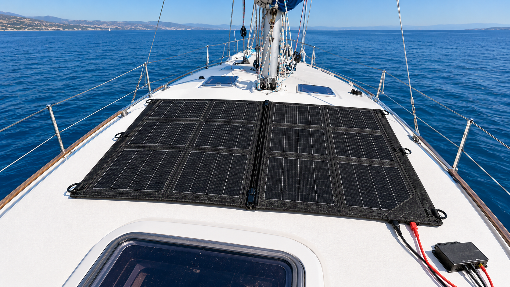 SolarBag 440 folding panel laid out on a sailboat deck