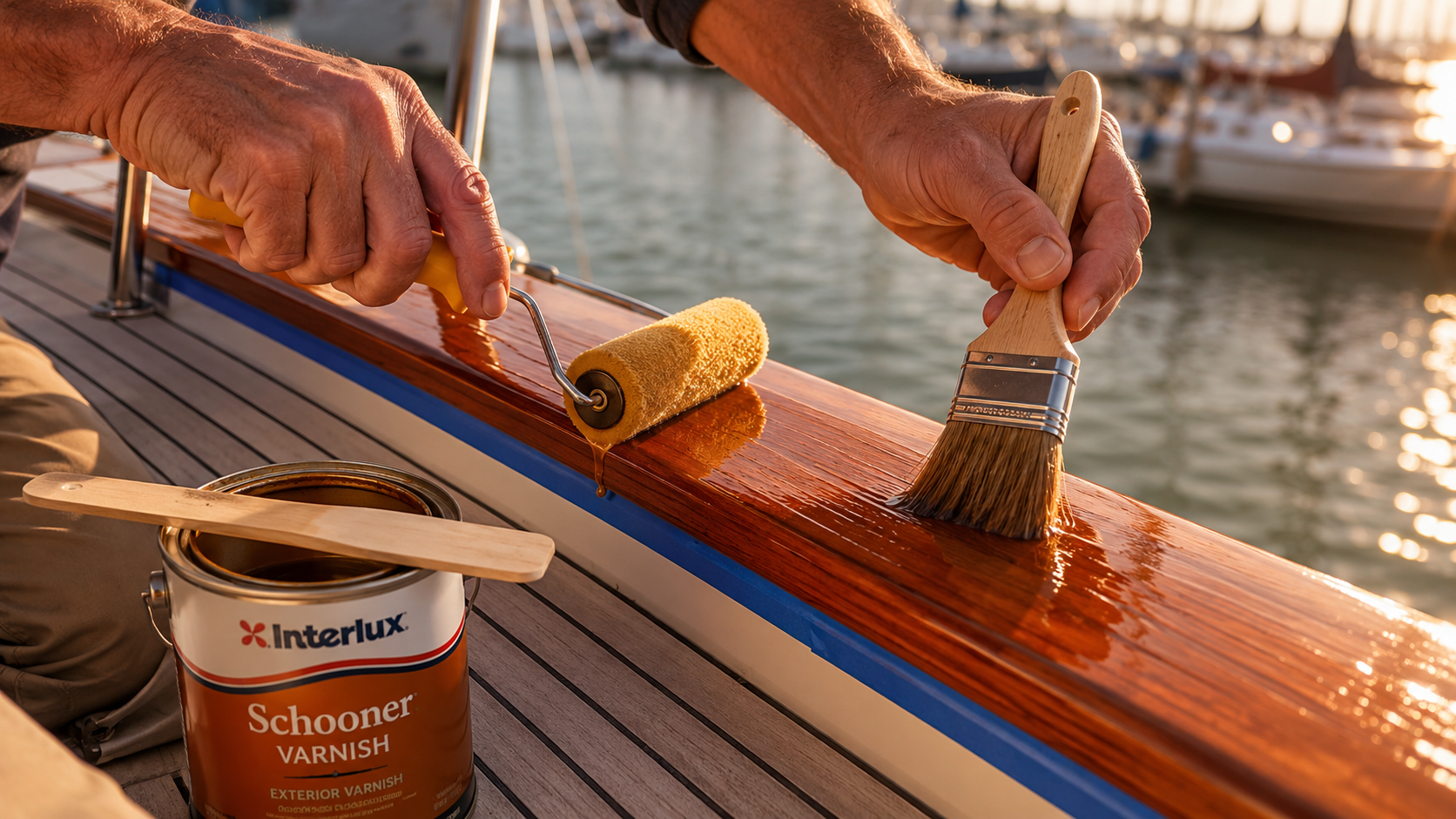 Hands applying varnish to teak with foam roller and badger brush using the roll-and-tip method
