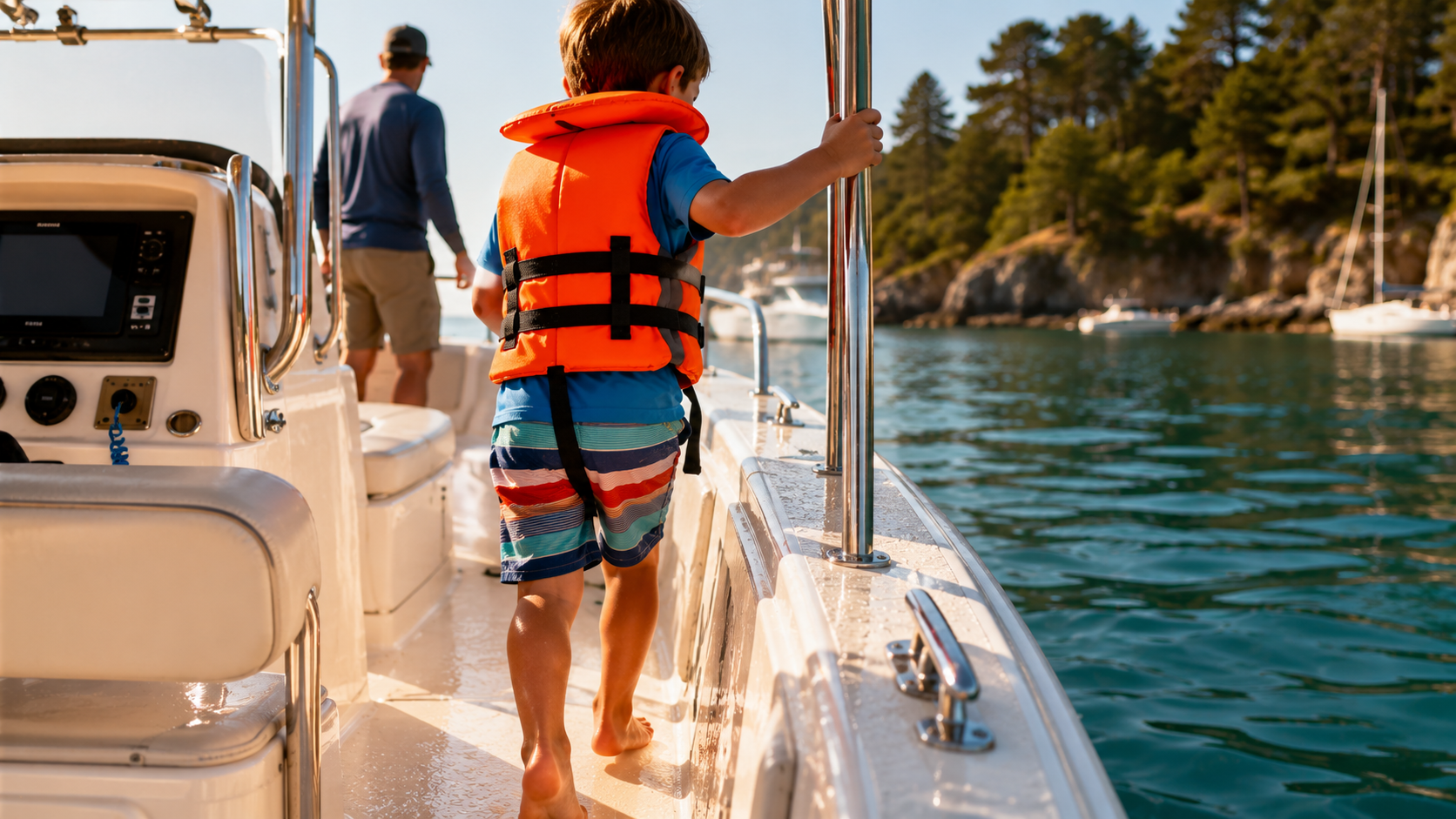 Child in a properly fitted life jacket gripping the stanchion while walking the gunwale