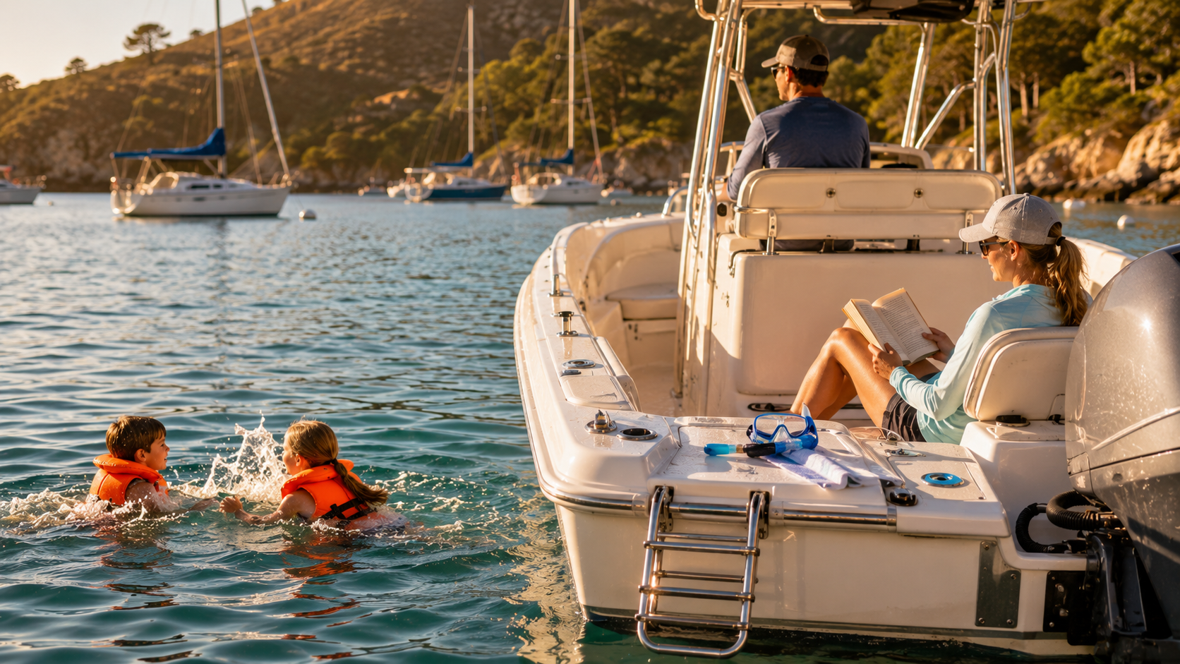 Family anchored in a cove with kids swimming in life jackets and a parent watching