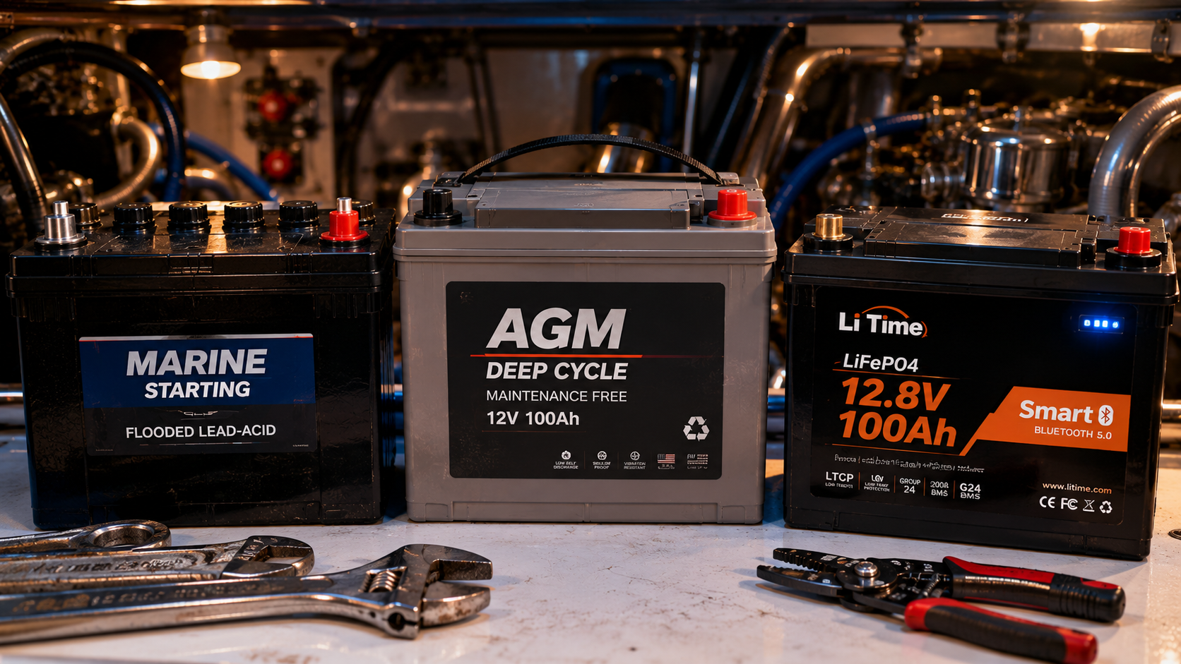 Three marine battery types side by side on a workbench for comparison