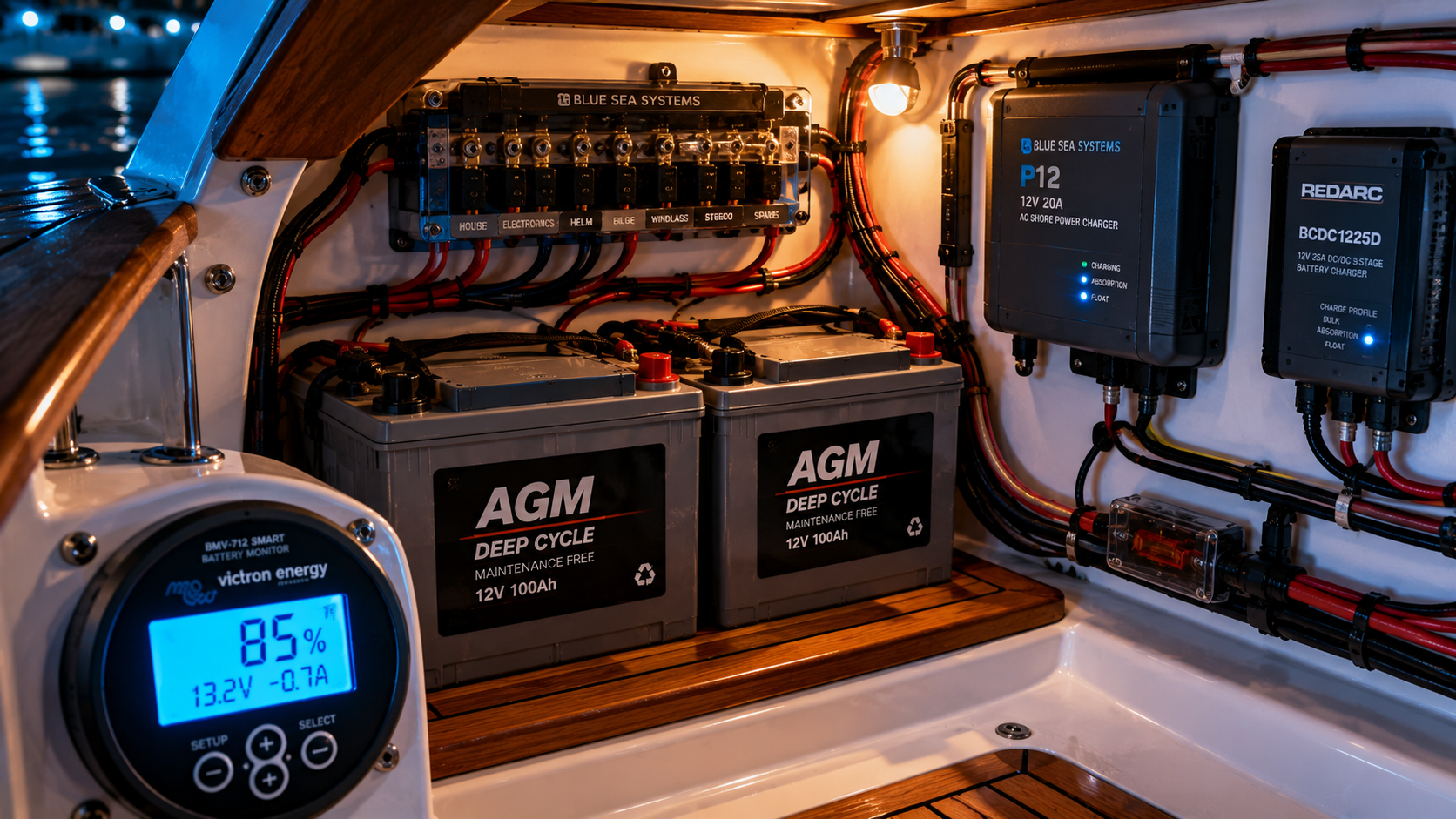 Marine battery bank with Victron BMV-712 monitor and clean charger install