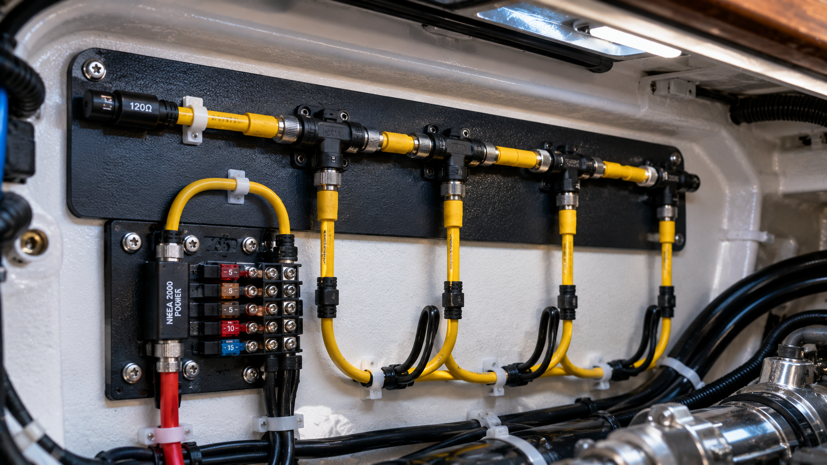 NMEA 2000 backbone wiring with T-connectors inside a marine engine compartment