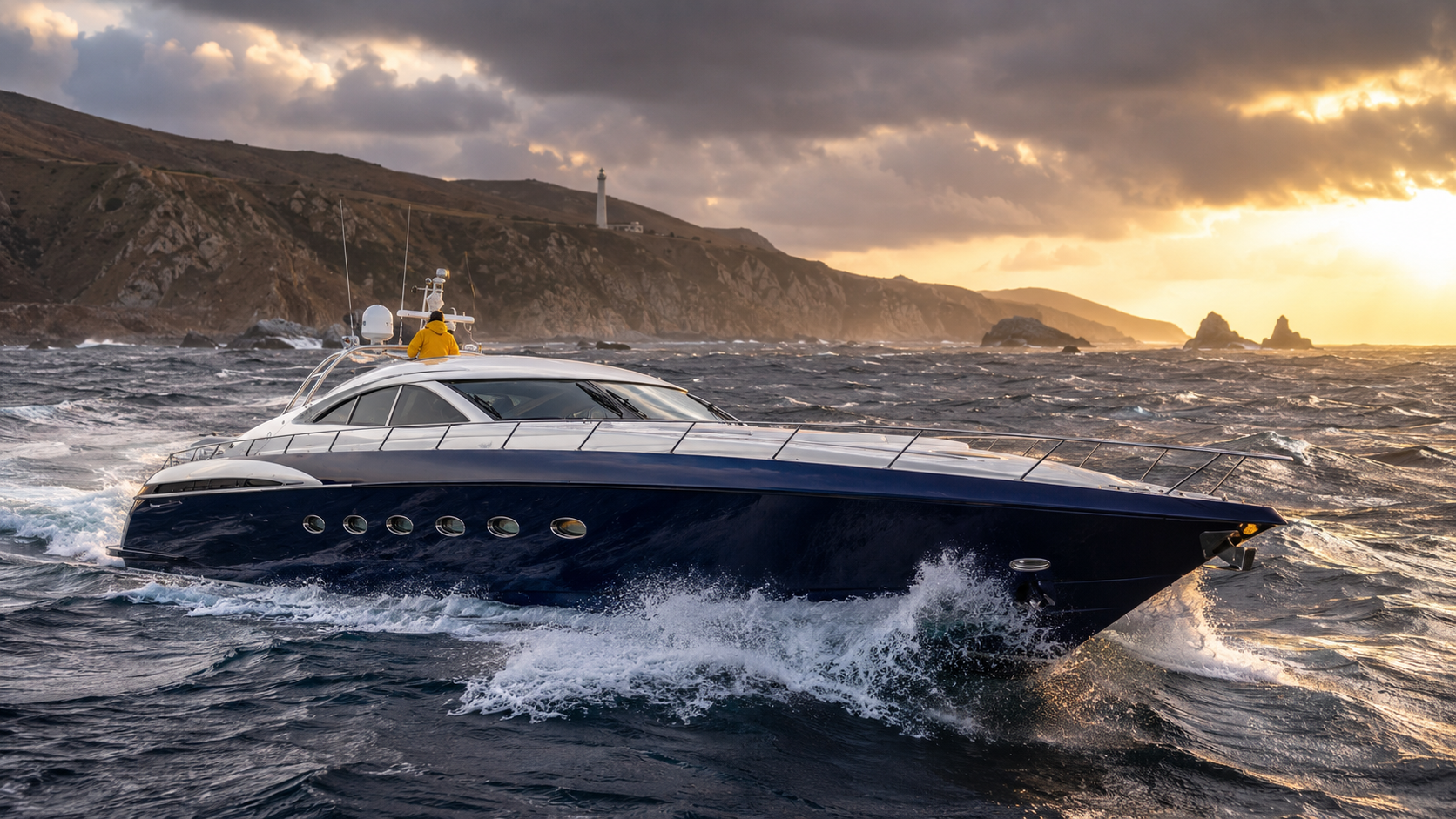 Sunseeker Predator 63 pushing through choppy Pacific swells near Point Conception