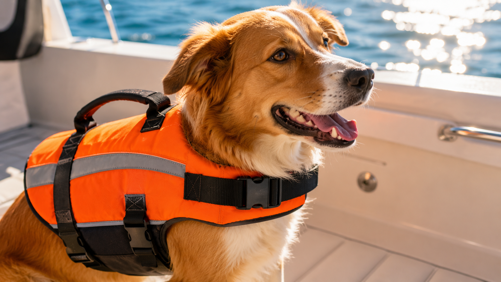 Close-up of a dog wearing a fitted life jacket with grab handle on a boat deck