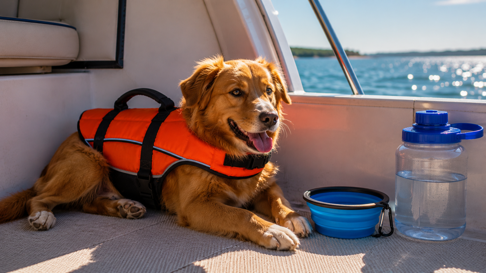 Dog resting in shade beside a collapsible water bowl on a boat deck