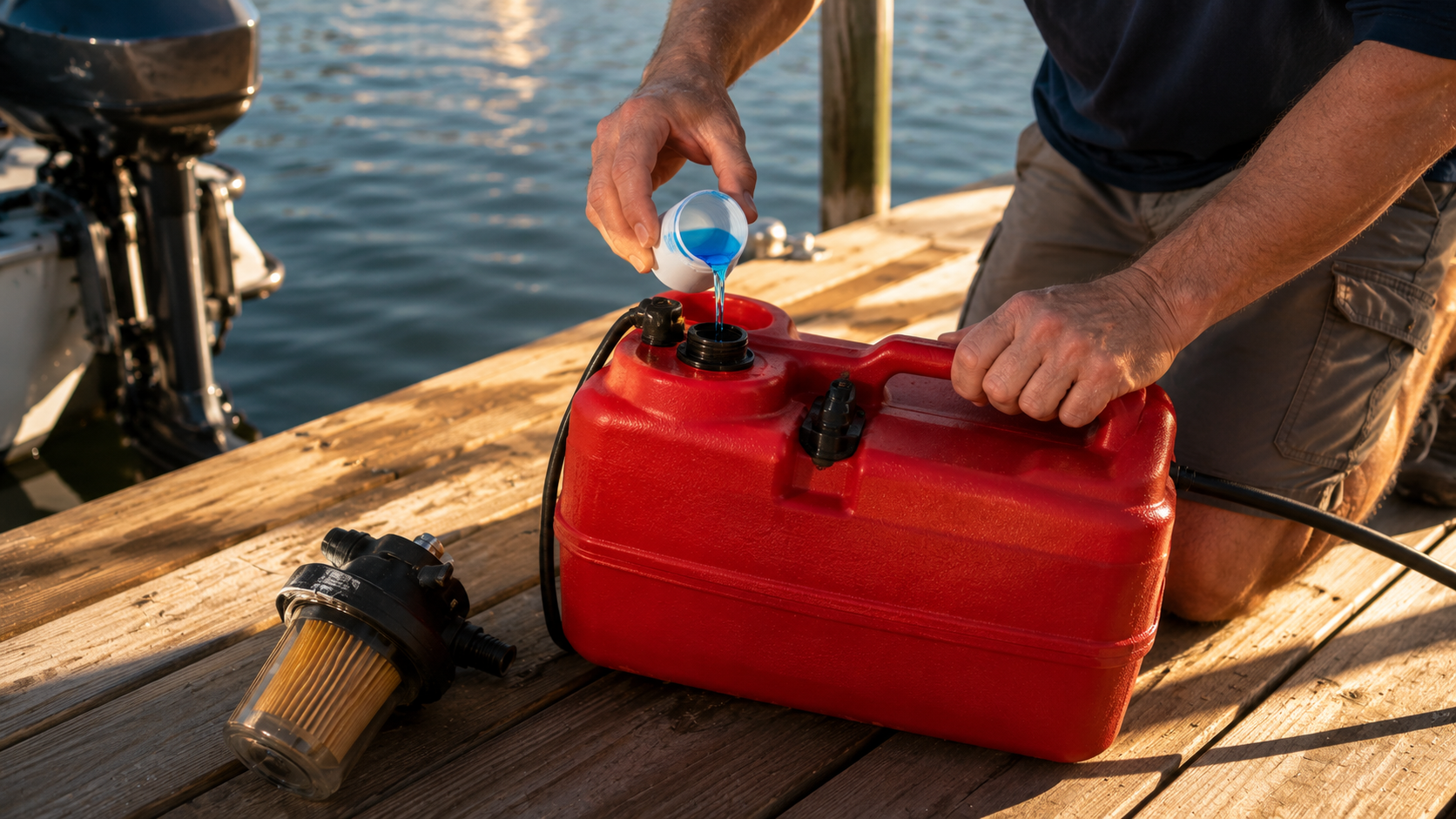 Boater adding marine fuel stabilizer to a red portable outboard fuel tank on a dock