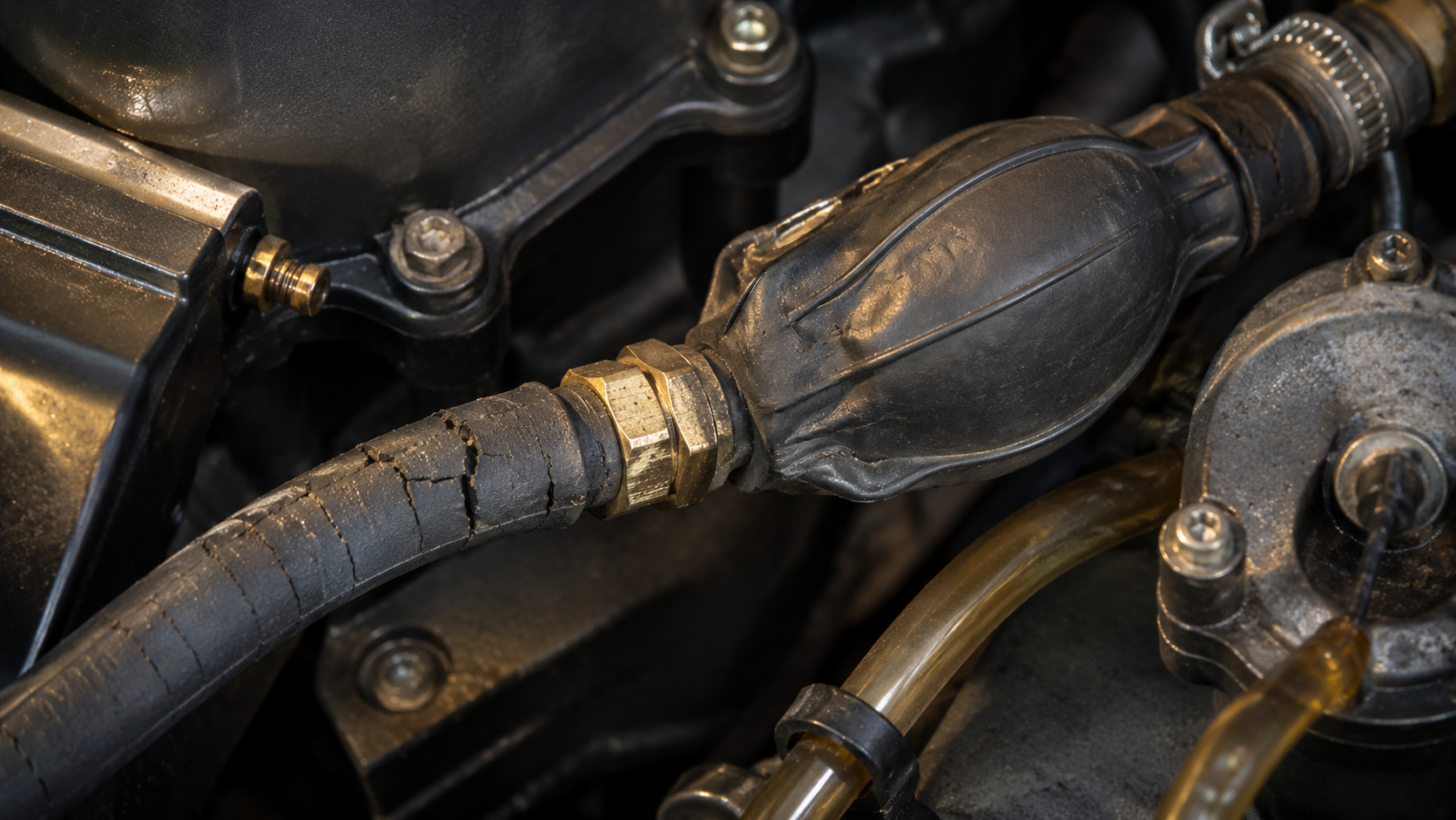 Cracked rubber fuel line and softened primer bulb damaged by ethanol