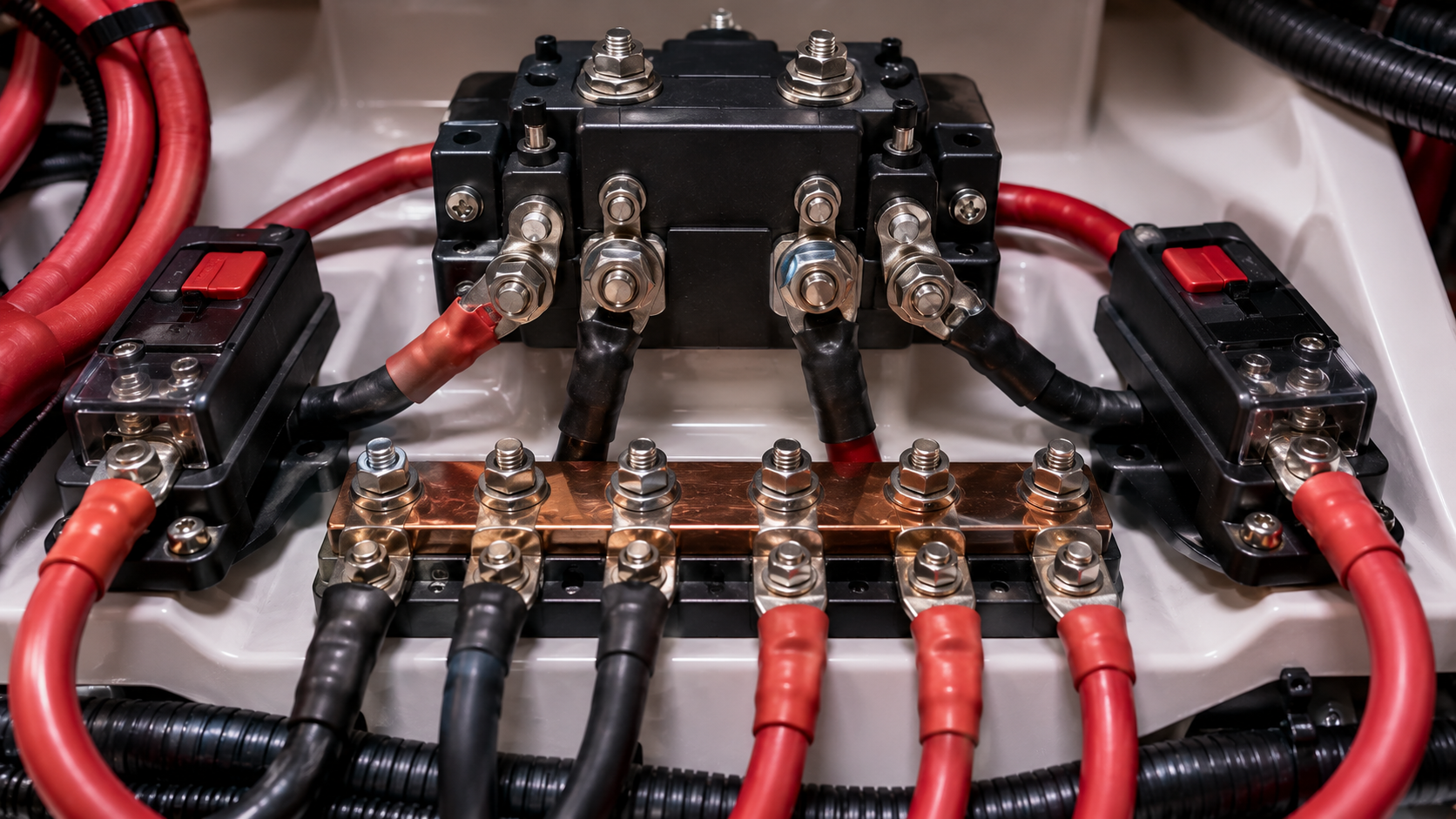 Marine battery combiner with busbars, ring terminals, and ANL fuses