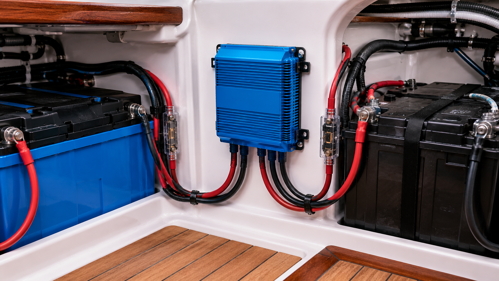 Blue DC-DC charger wired between a lithium bank and lead-acid start batteries