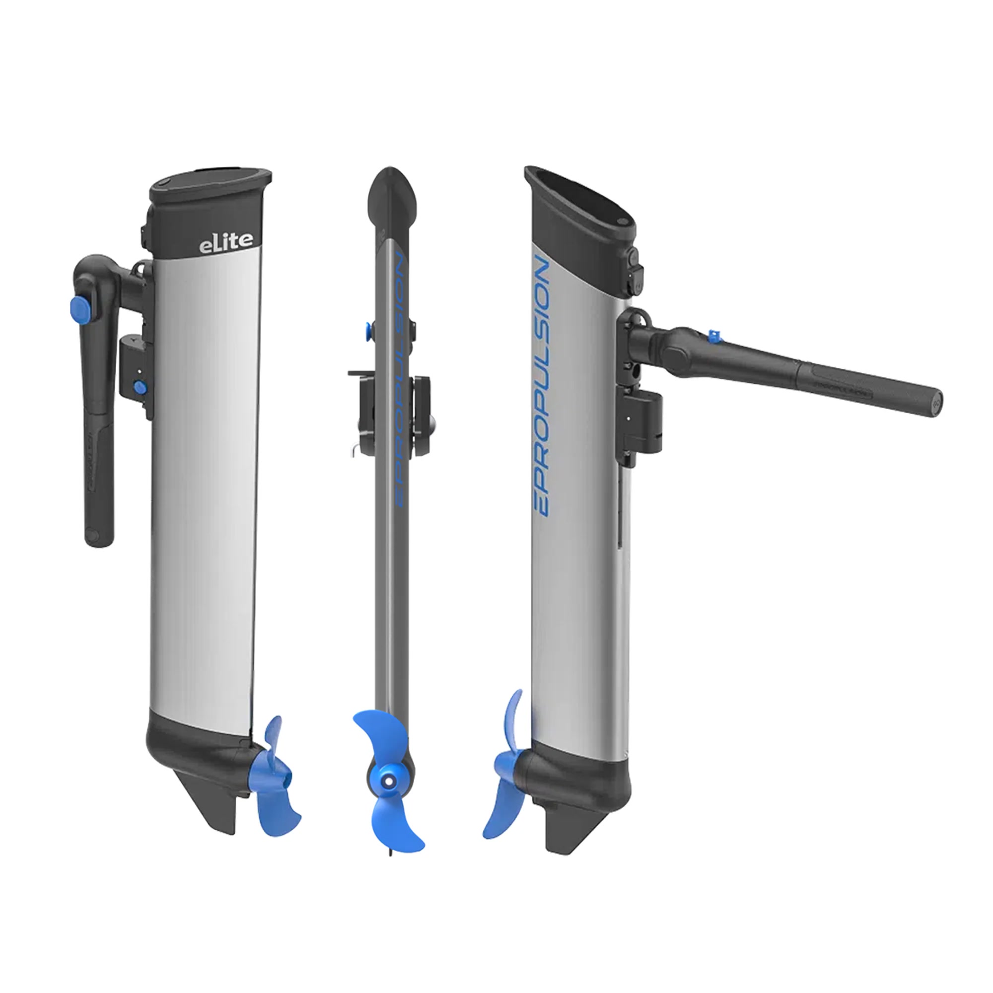 ePropulsion eLite electric outboard motor shown from three angles