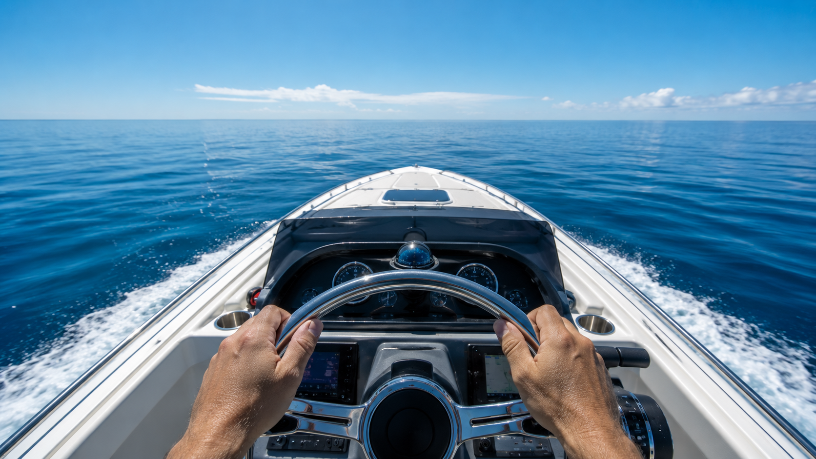 Point of view from a boat cockpit looking over the bow toward a clear horizon