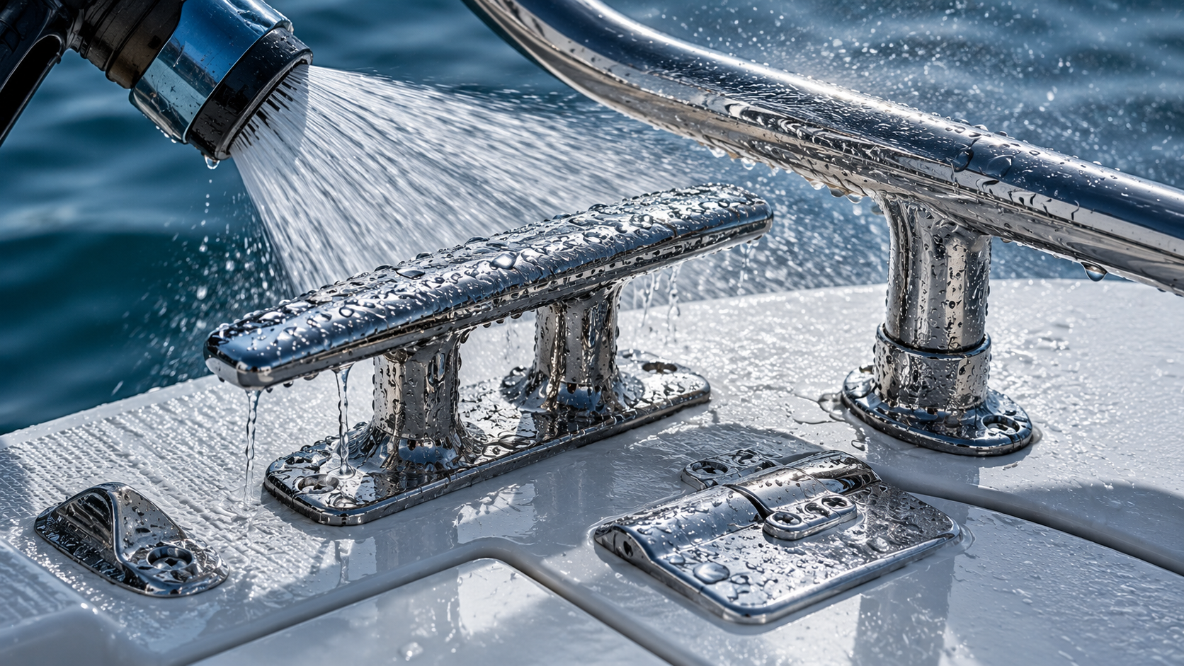 Fresh water rinsing over stainless steel cleats and rails on a boat deck