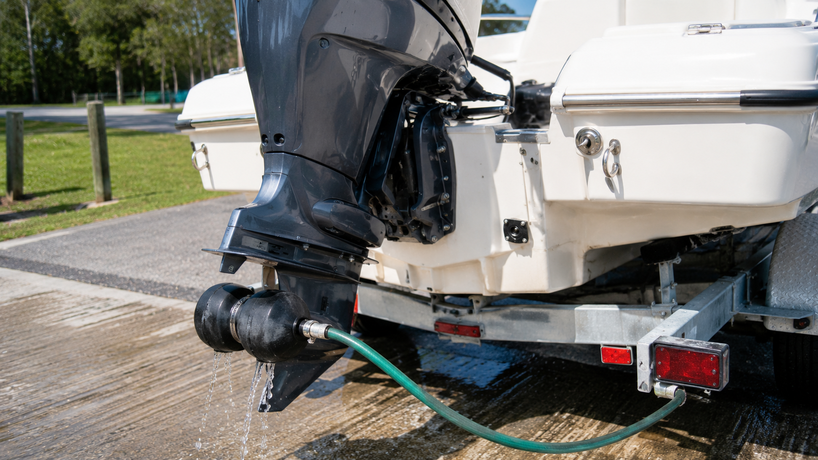 Outboard engine on a trailered boat being flushed with freshwater muffs