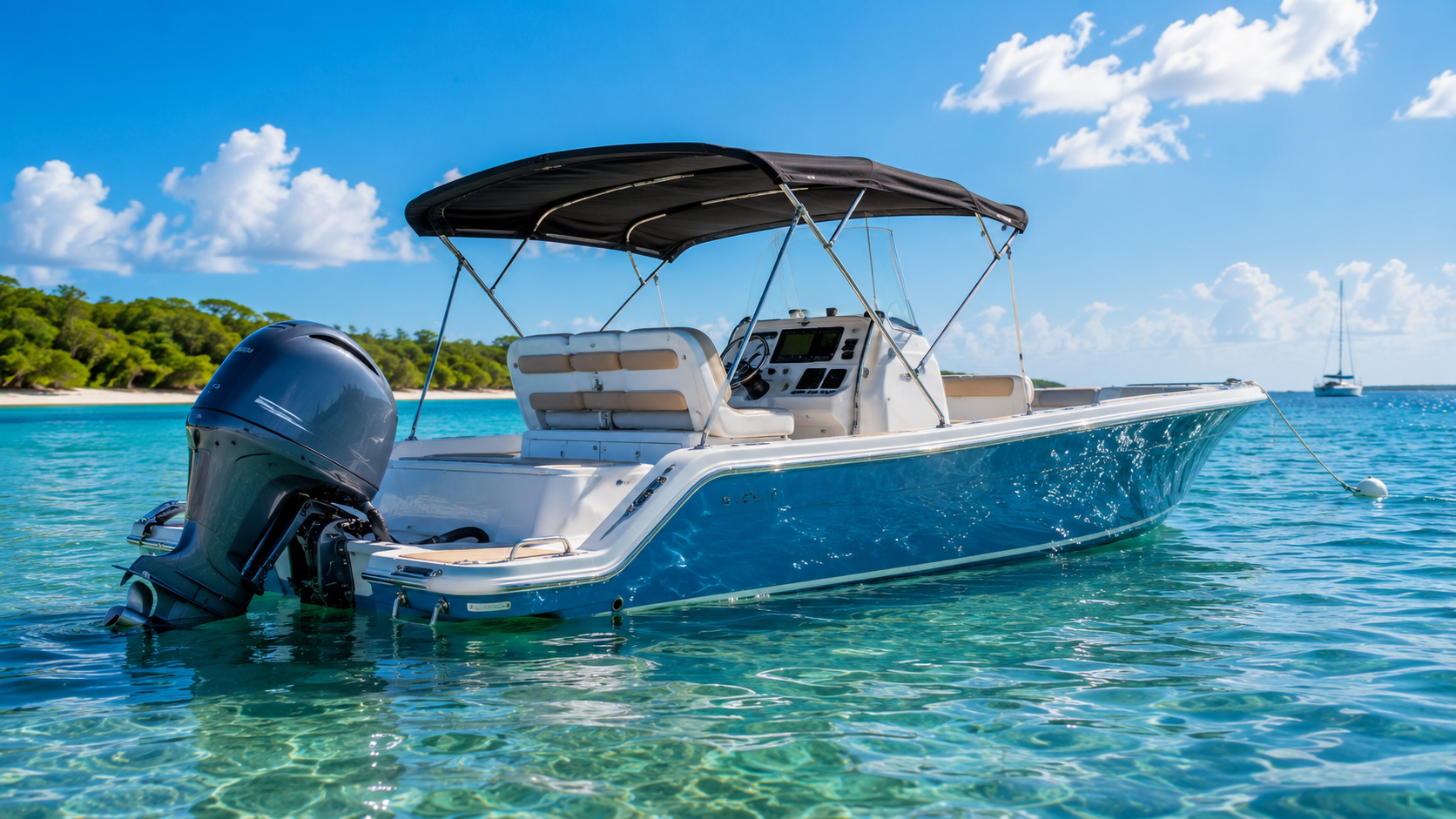 Boat with a bimini top shading the cockpit under a bright summer sky
