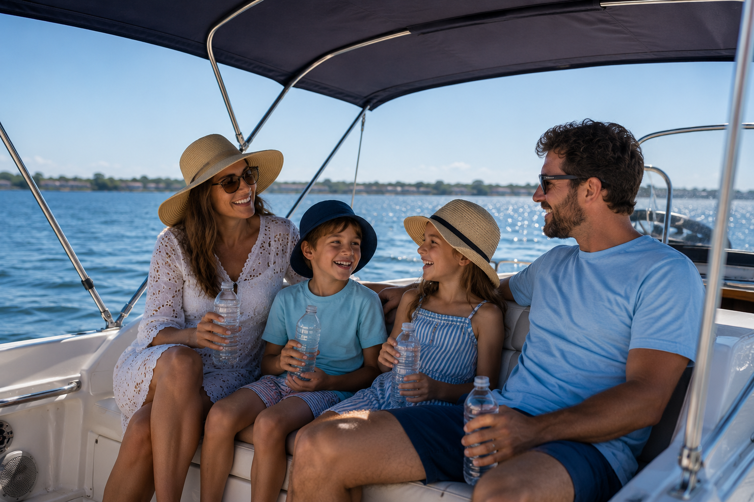 Family relaxing under boat shade with cold water bottles on a hot day