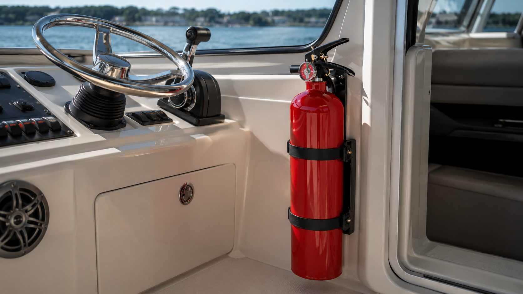 Red marine fire extinguisher secured in a bracket near a boat helm