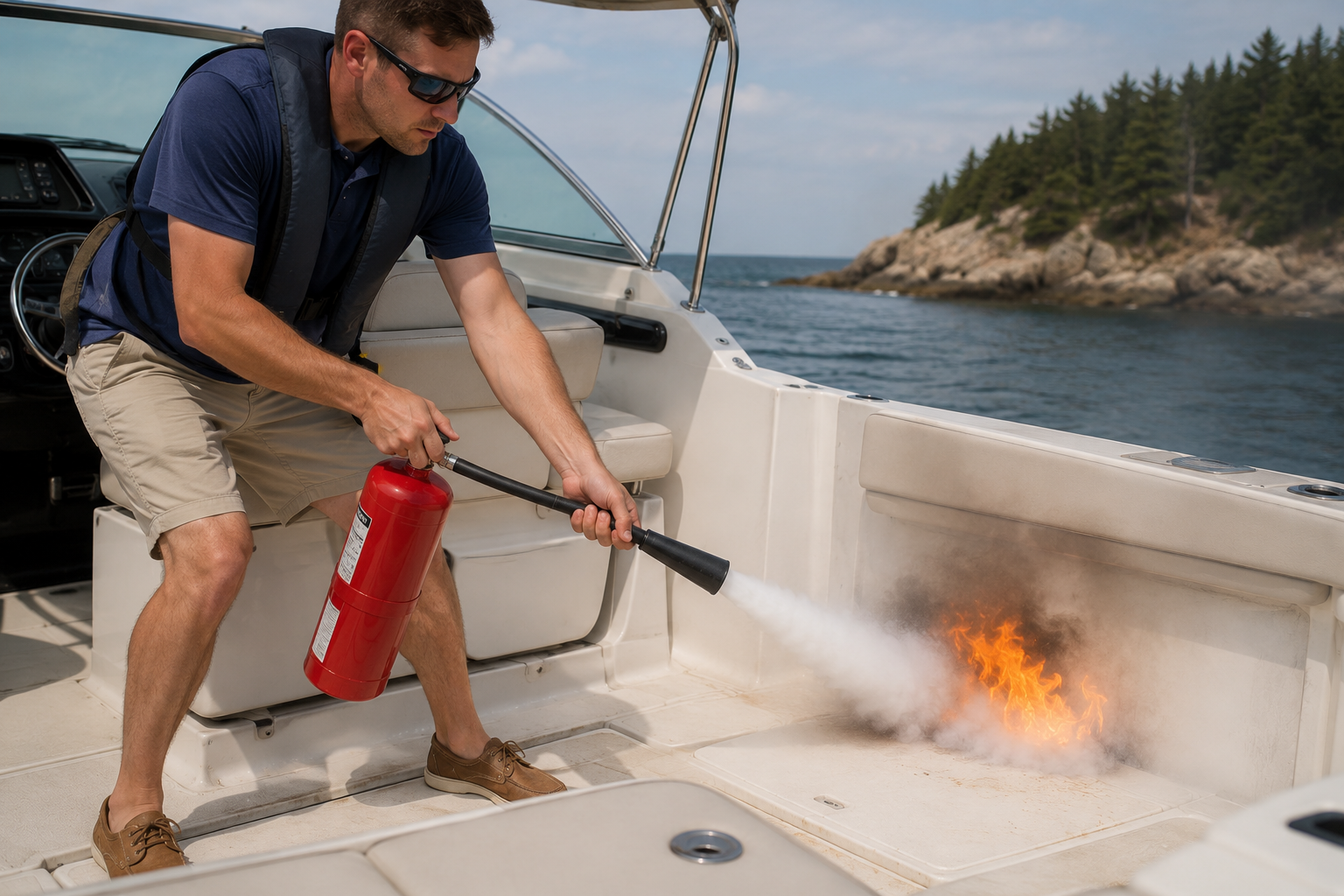 Boater aiming a fire extinguisher low at the base of flames on a boat