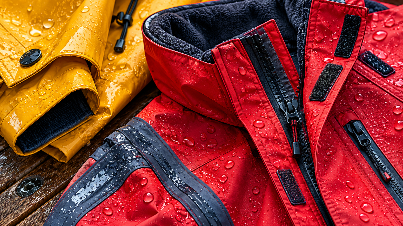 Close-up of foul weather jacket fabric, taped seams, and zippers with water beading