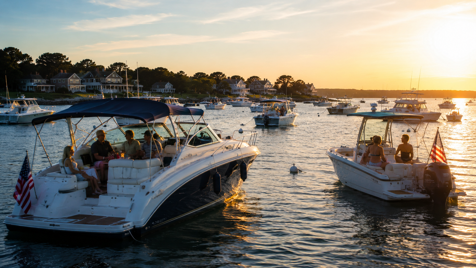 Recreational boats anchored in a calm harbor at golden hour before a summer evening